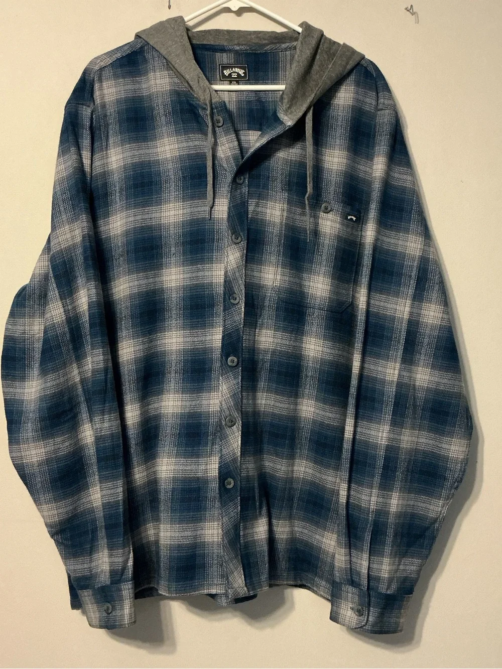 Billabong Blue Plaid Hooded Shirt Jacket with Gray Hood